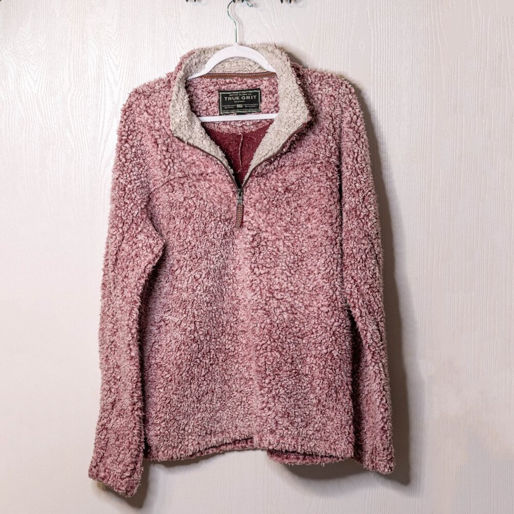 True Grit Burgundy and White Fleece Quarter Zip Jacket - Size Medium
